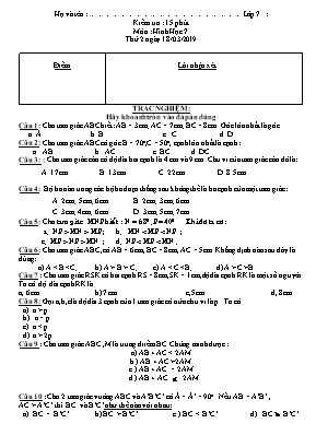Bộ đề kiểm tra 15 phút môn Hình học Lớp 7 - Năm học 2018-2019